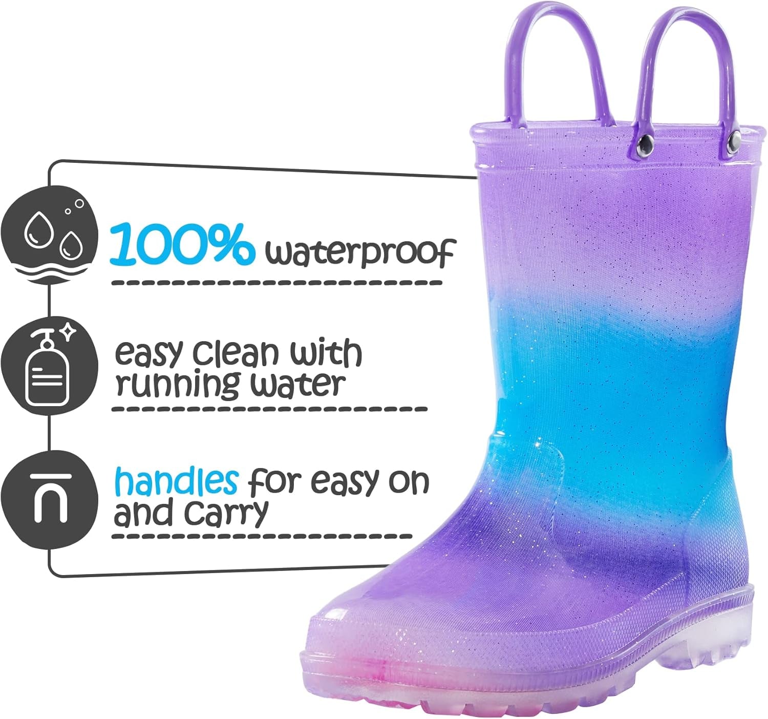 Kids Light up Rain Boots, Toddler Girls Boys Waterproof Boots with Easy-On Handles