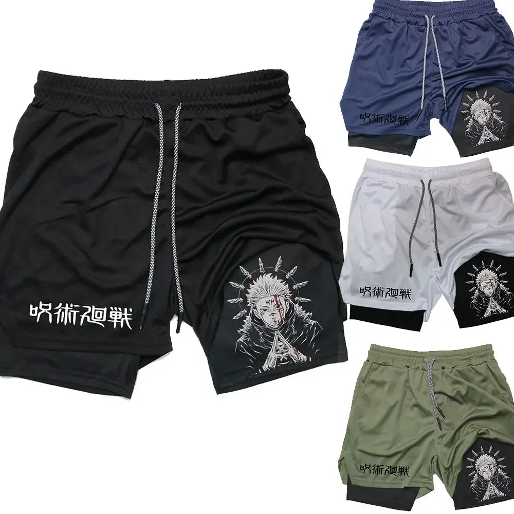 Training and Exercise Shorts 2 in 1 Compreesion Shorts Men Gym Workout Running Athletic Anime Jujutsu Kaisen Pockets Activewear