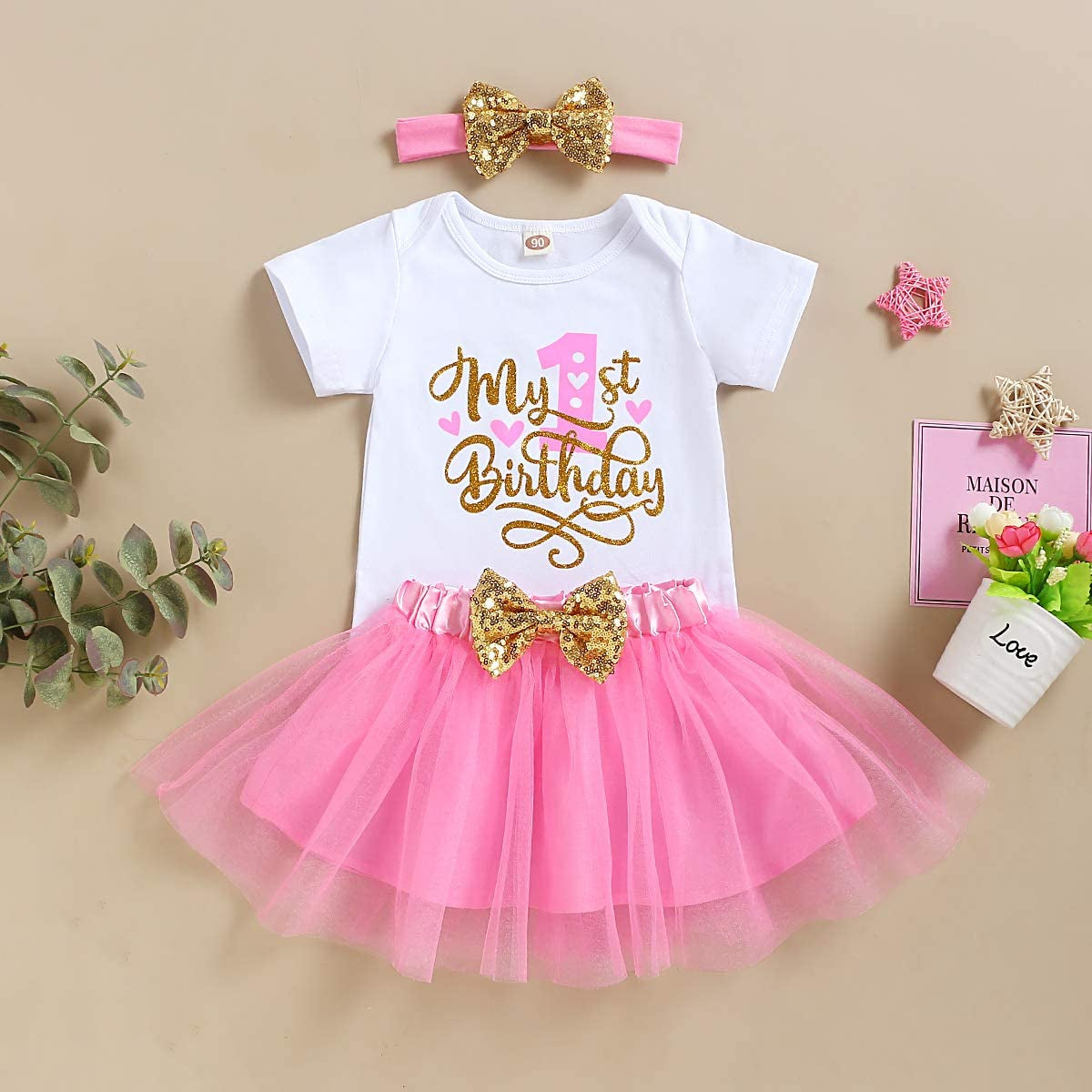 Baby Girl Birthday Cake Smash Outfit Toddler Girl My 1St Birthday Romper Tutu Skirt with Headband Clothes Set