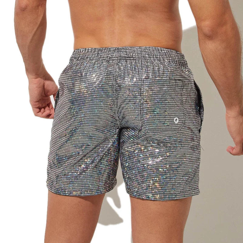 Mens Knickers Shiny Metal Plaid Printed Underwear Loose Beach Swimming Trunks Fashion Stage Shorts Casual Breathbale Sweatpants