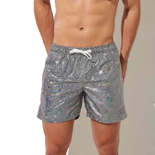 Mens Knickers Shiny Metal Plaid Printed Underwear Loose Beach Swimming Trunks Fashion Stage Shorts Casual Breathbale Sweatpants