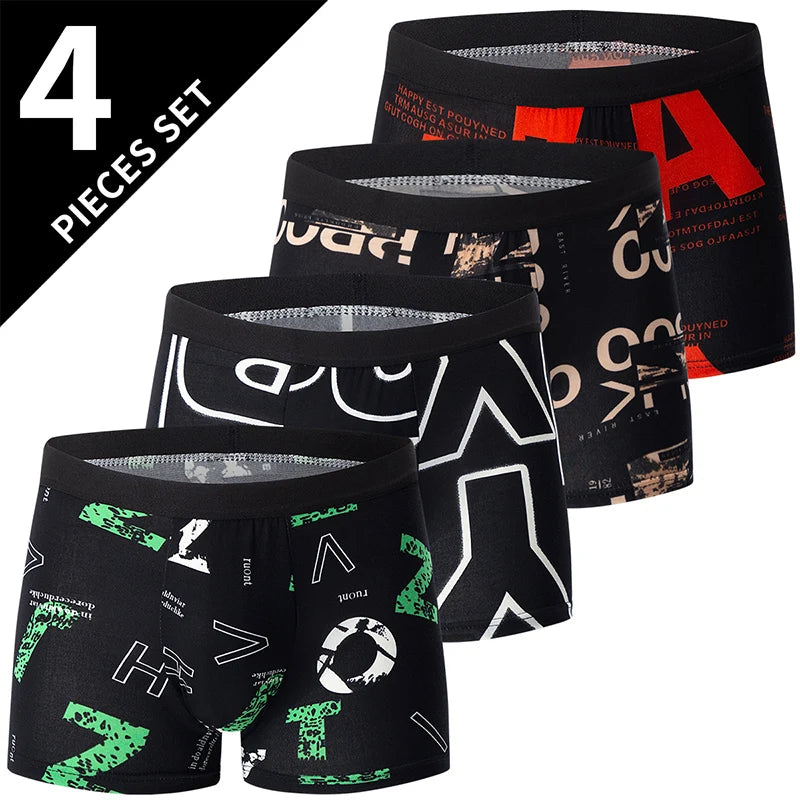 4-piece men's printed letter underwear beach shorts comfortable breathable teenagers plus size underwear up to 6XL.