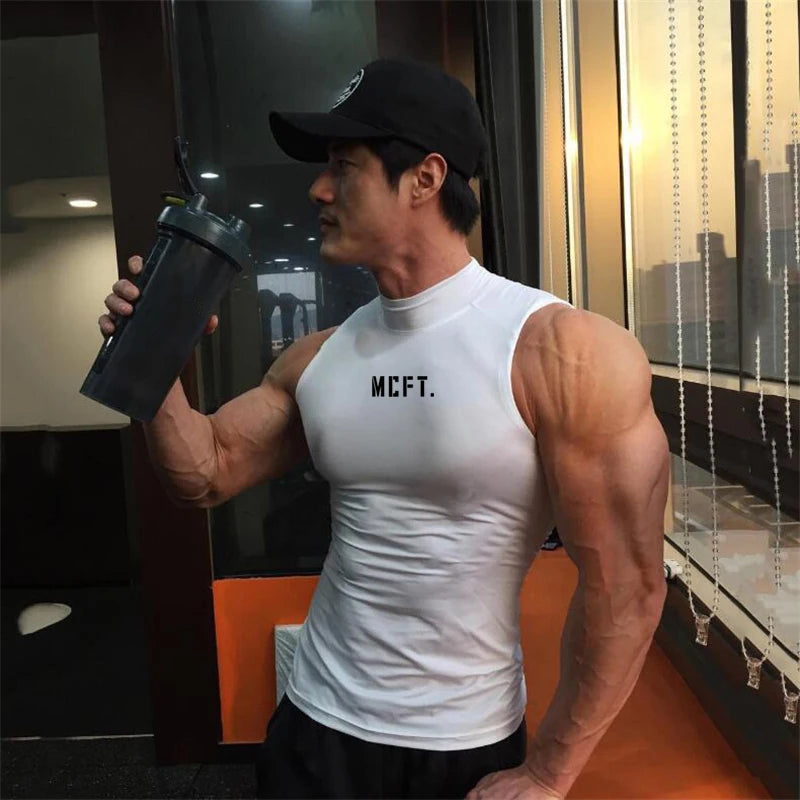 Men's Casual Trend Tight Turtleneck Sleeveless Compression Shirts Gym Fitness Summer Breathable Quick Dry Cool Feeling Tank Tops