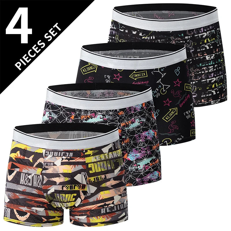 4-piece men's printed letter underwear beach shorts comfortable breathable teenagers plus size underwear up to 6XL.