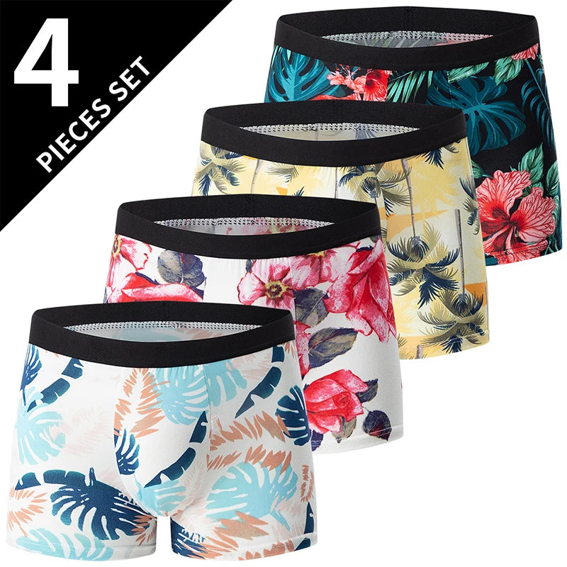 4 Pack European and American Size MEN'S FASHION Printed Boxer Underwear Comfortable Swimming Trunks Oversized Underwear Shorts