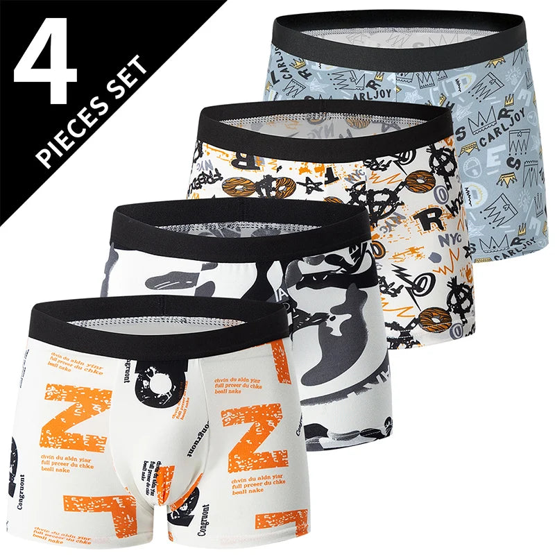 4 Pack European and American Size MEN'S FASHION Printed Boxer Underwear Comfortable Swimming Trunks Oversized Underwear Shorts